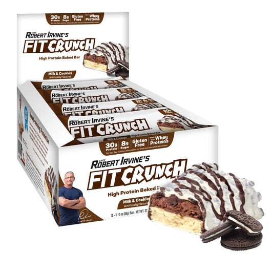 Fit Crunch Milk and Cookies full-size bar showcases protein-rich nutrition for active lifestyles.