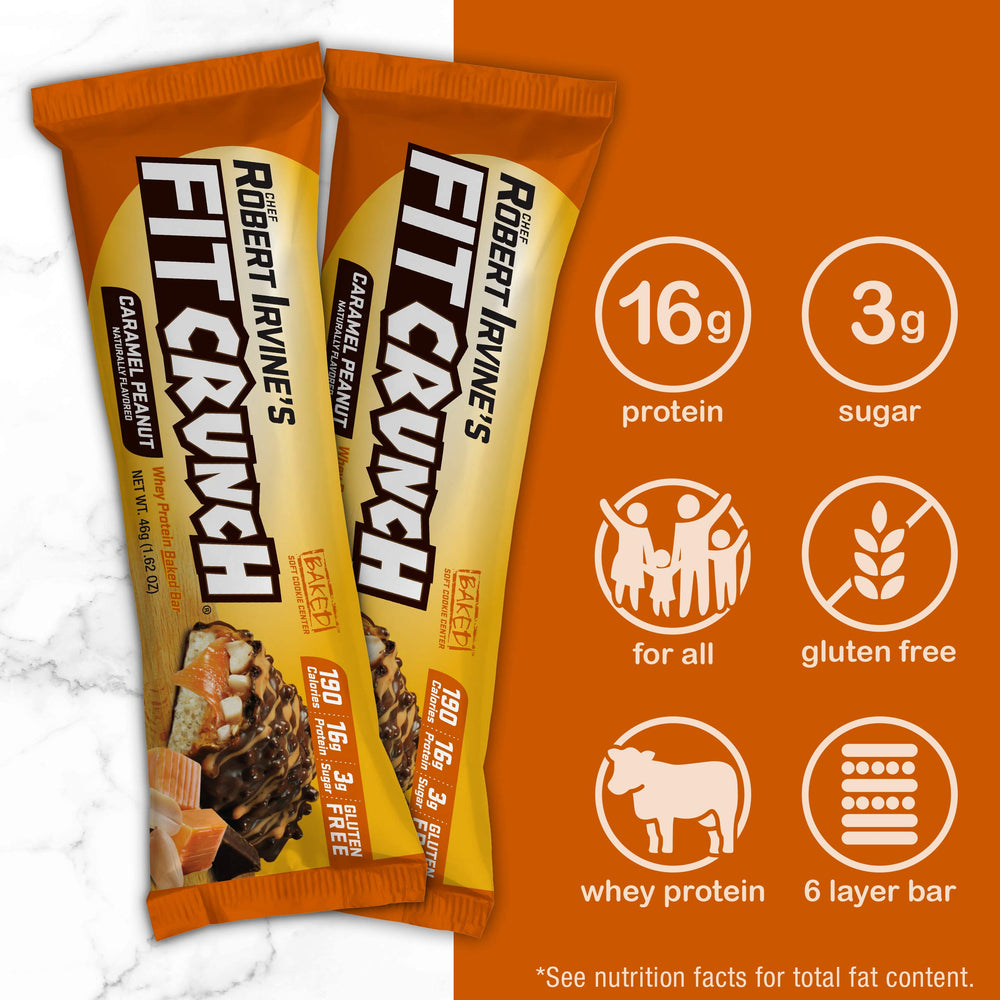 FITCRUNCH nutrition facts label shows 16 g protein and 3 g sugar per bar
