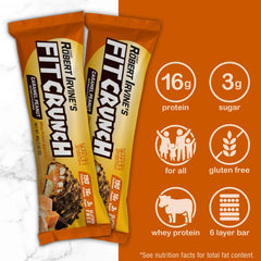 FITCRUNCH nutrition facts label shows 16 g protein and 3 g sugar per bar