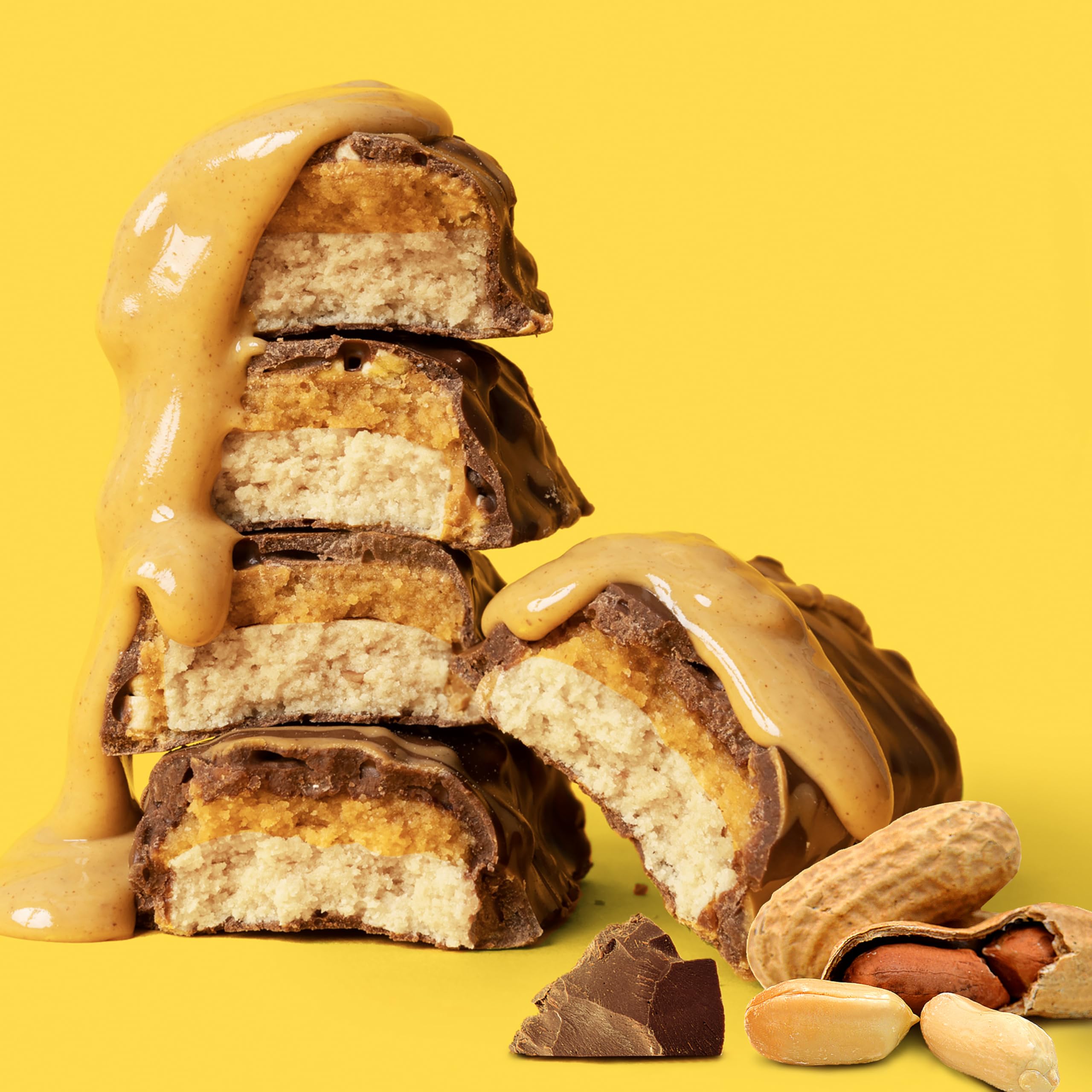 Peanut butter crunch bar portrait emphasizes protein-packed, flavorful treat.