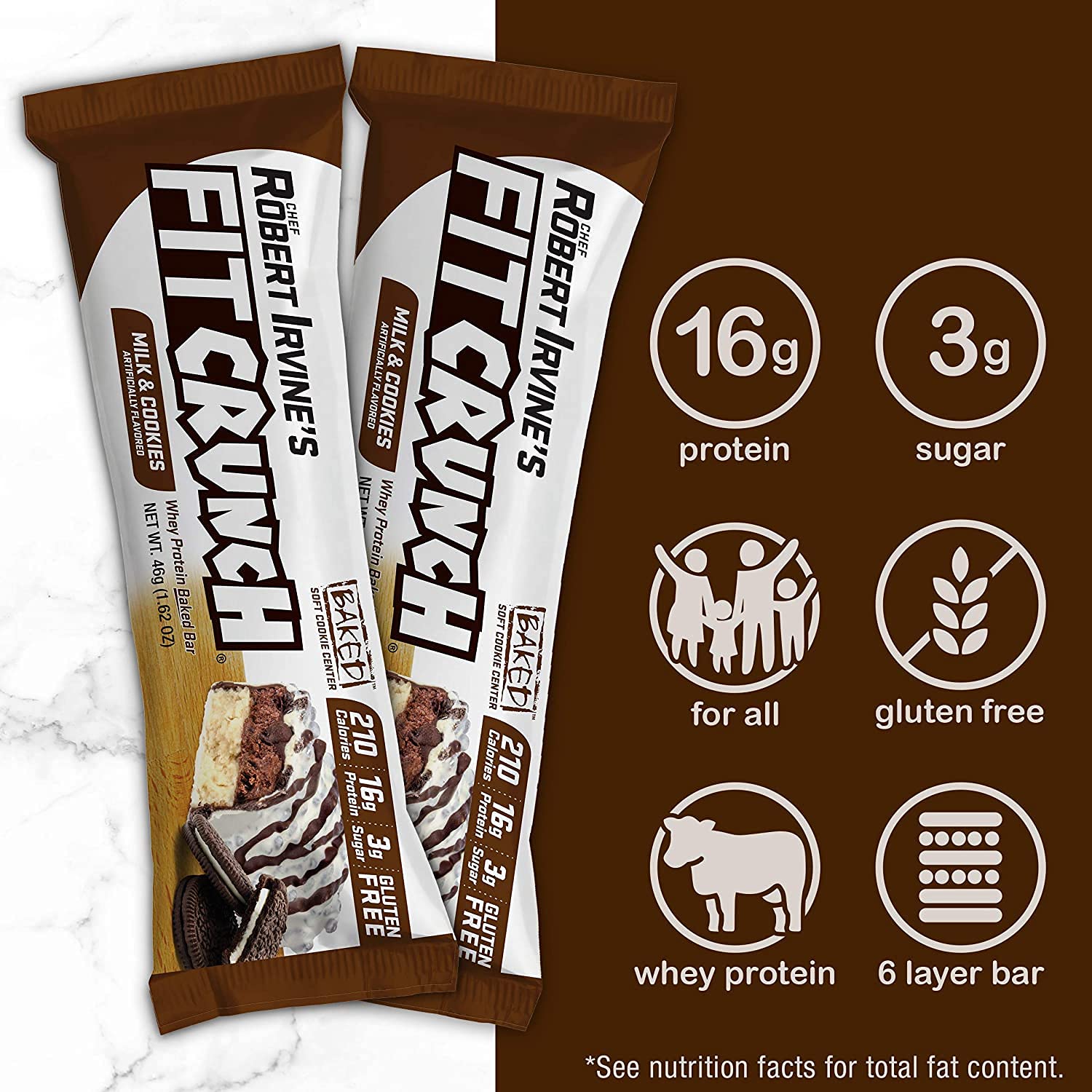 Fit Crunch six-layer baked bar close-up highlights creamy cake core.