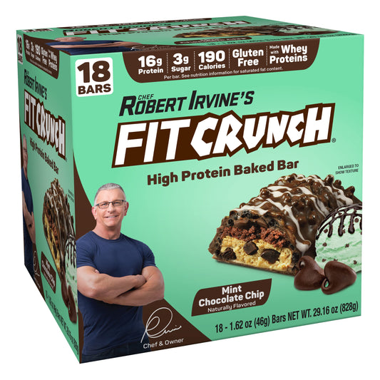 Fit Crunch Mint Chocolate Chip 6-layer bar close-up shows rich texture and snack-size convenience.
