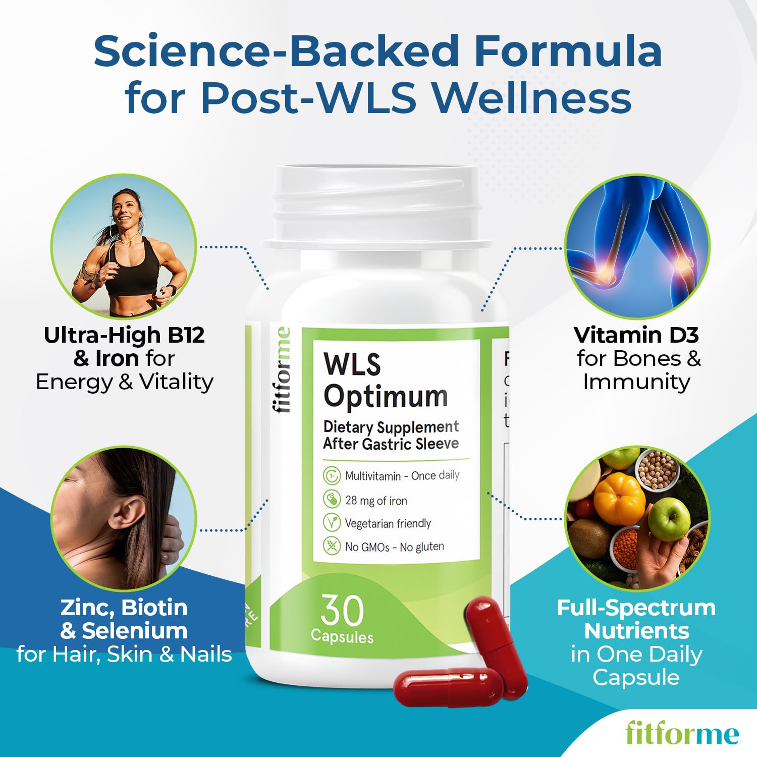 FitForMe vitamin-mineral blend with iron and zinc; comprehensive nutrient support.
