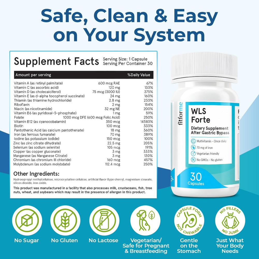 FitForMe WLS Forte label and packaging highlighting essential vitamins