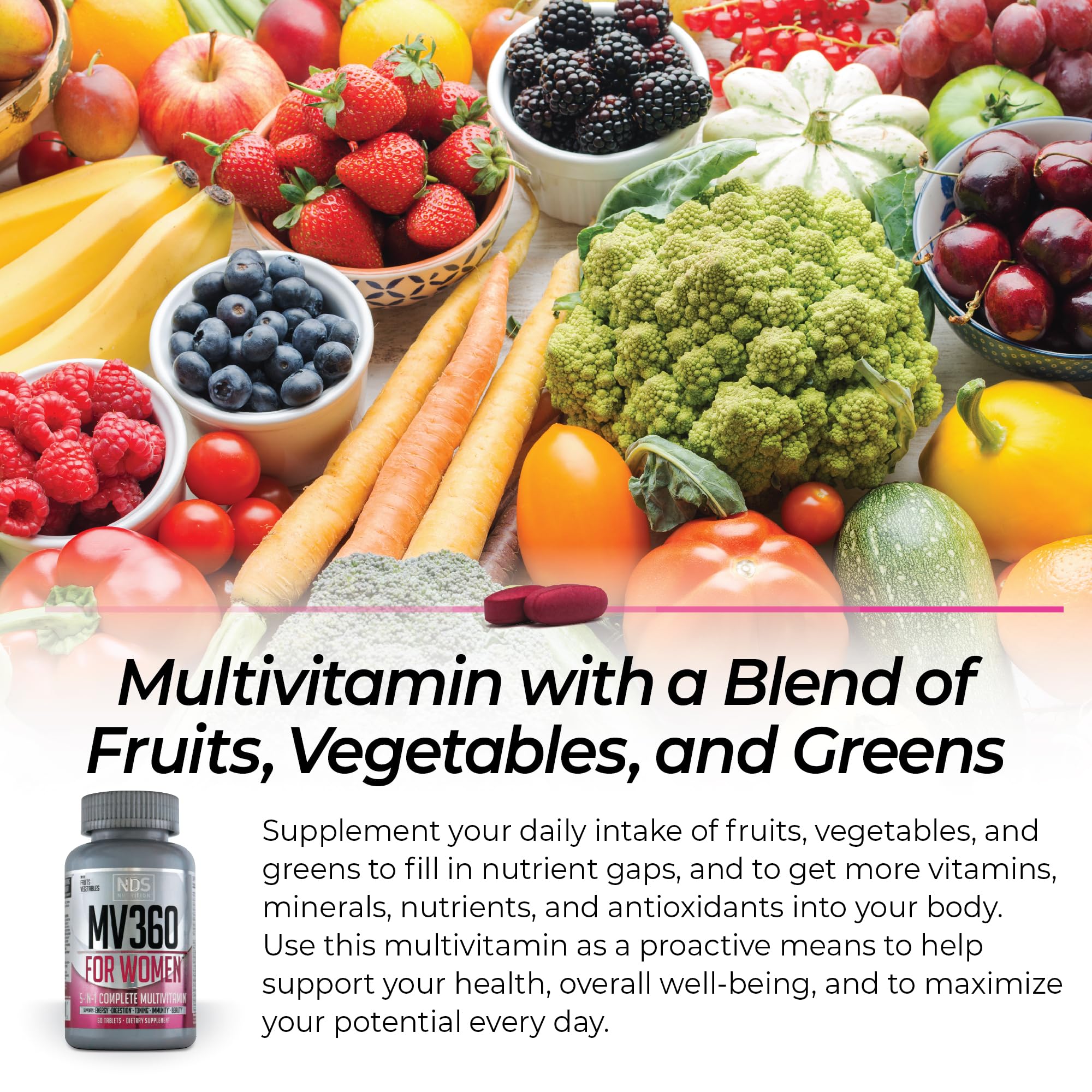 MV360 tablets close-up highlighting small, easy-to-swallow capsules suitable for daily use