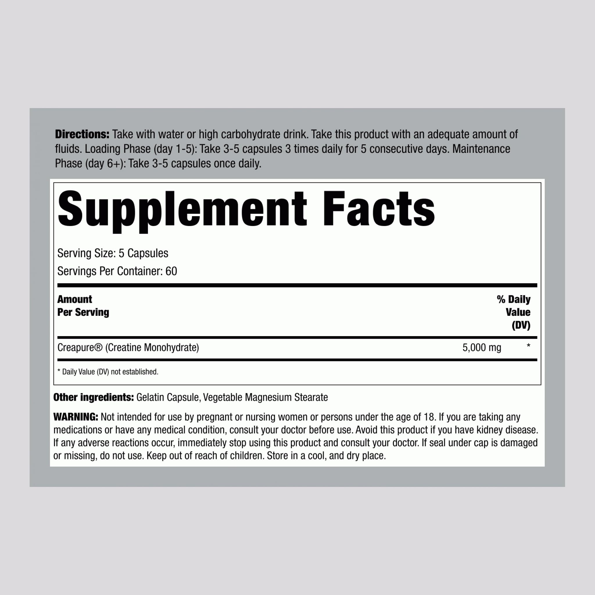Fitness Labs Creatine Monohydrate Capsules bottle label highlights ingredients and non-GMO quality