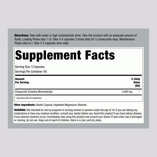 Fitness Labs Creatine Monohydrate Capsules bottle label highlights ingredients and non-GMO quality