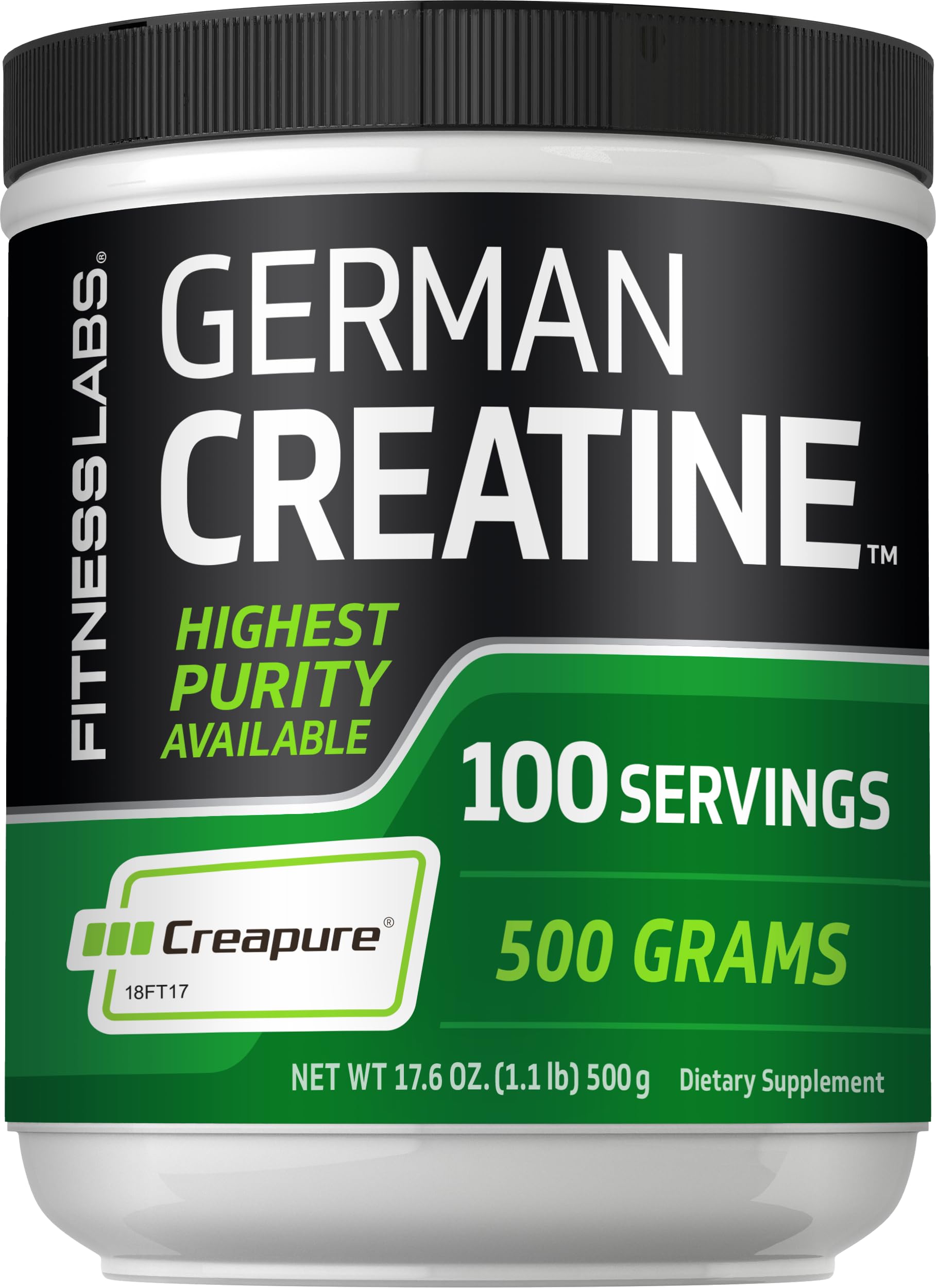 Fitness Labs creatine monohydrate powder tub closeup highlighting Creapure purity.