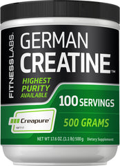 Fitness Labs creatine monohydrate powder tub closeup highlighting Creapure purity.