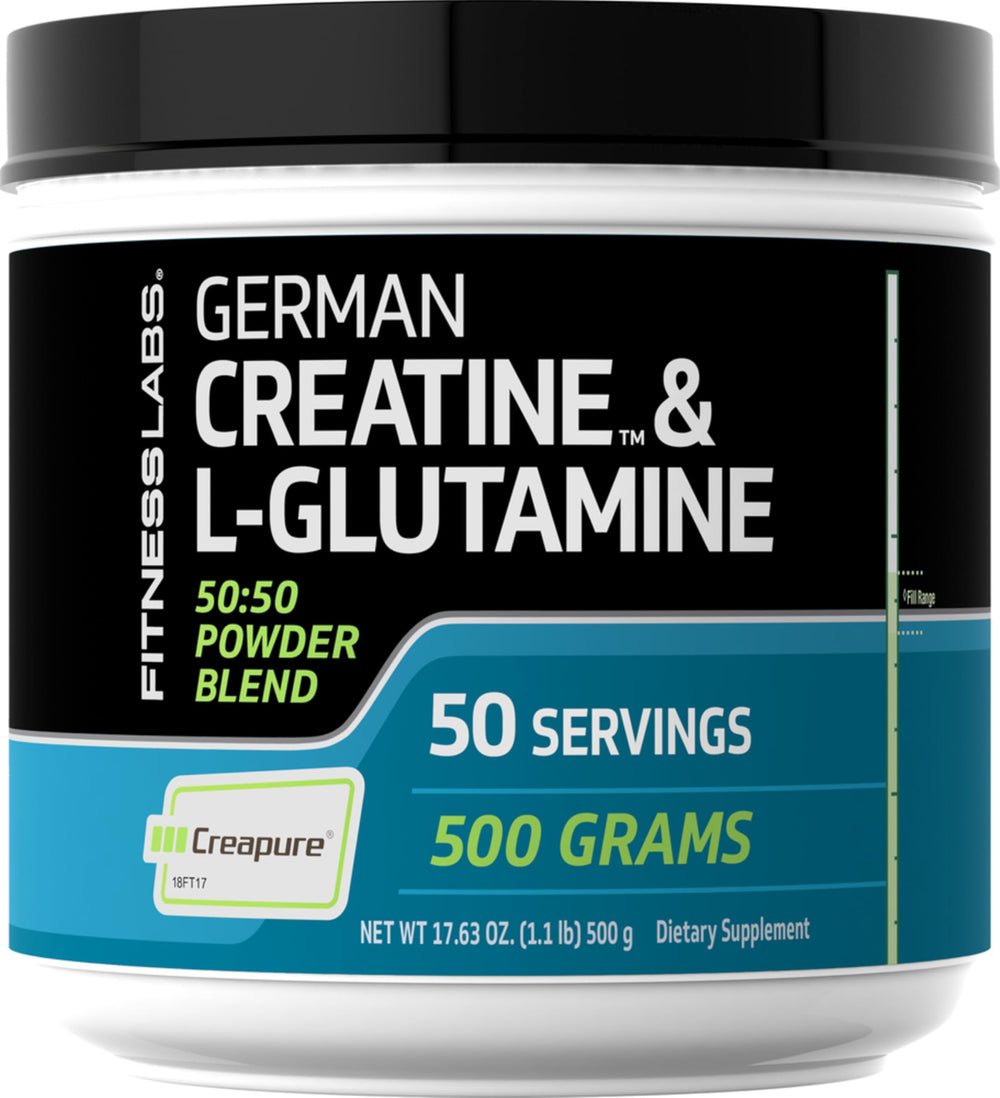 Fitness Labs German Creatine and L-Glutamine bottle highlights vegan, lab-tested powder for workouts.