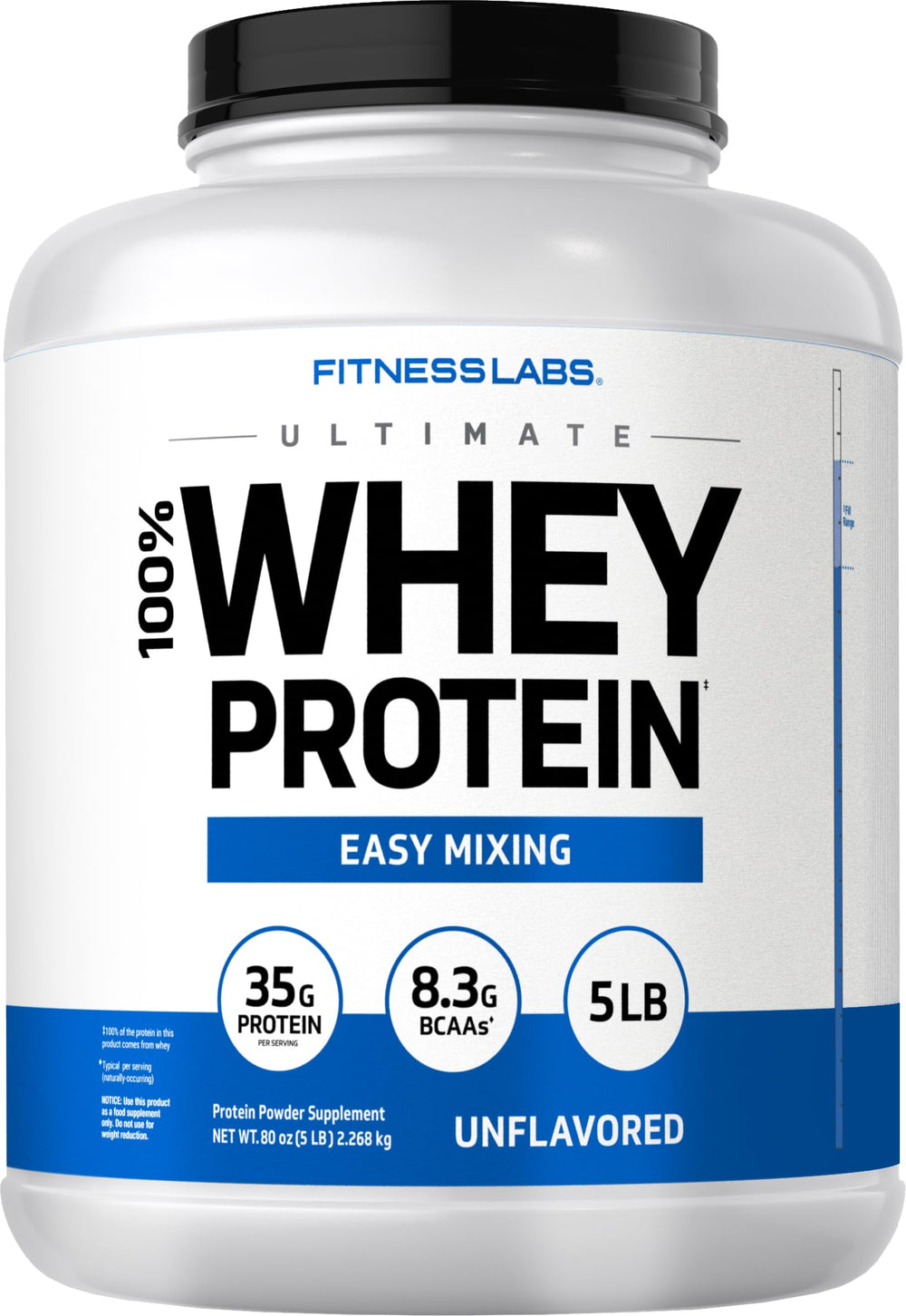 Fitness Labs whey protein unflavored 5lb bag for versatile shakes.