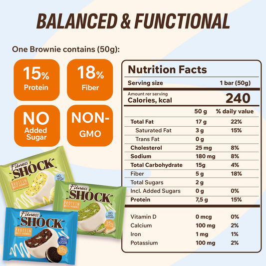 FitnesSHOCK white chocolate dessert brownie bars cookie-cream – smooth texture, perfect with coffee.