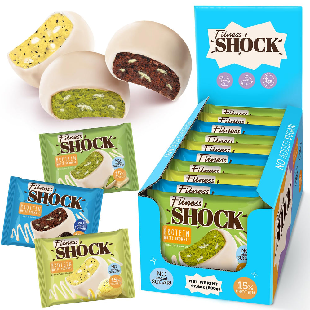 FitnesSHOCK white chocolate dessert brownie bars pistachio – rich, portion-controlled snack for on-the-go.