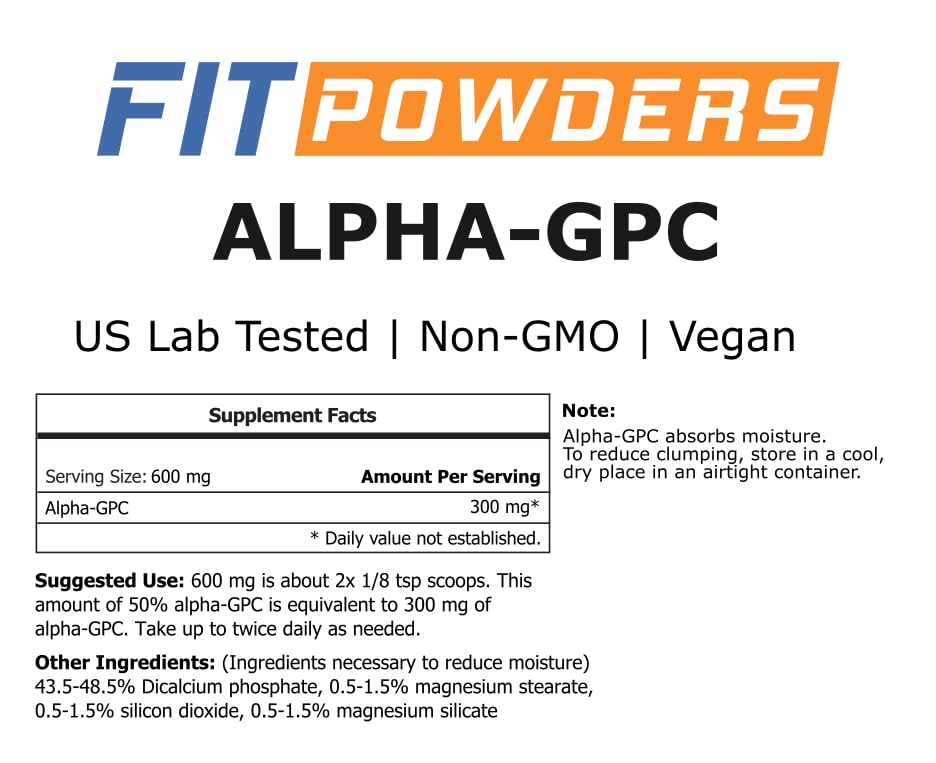Alpha GPC powder label close-up highlighting vegan, non-GMO formula
