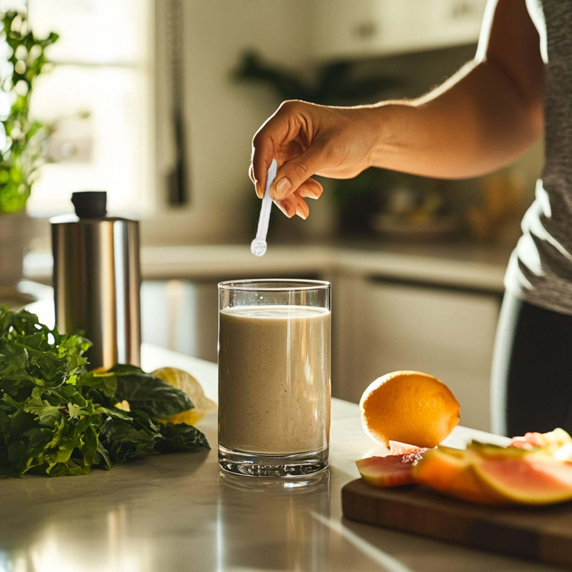 FitPowders L-Theanine shown with a glass of water for quick dosing.