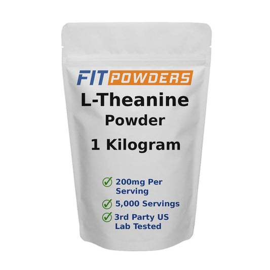 FitPowders L-Theanine powder in the jar for calm focus throughout the day.