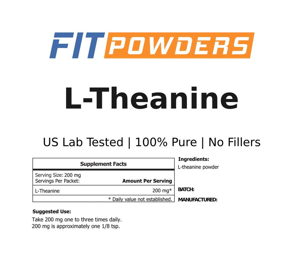 Label highlights vegan, non-GMO, and gluten-free claims of FitPowders L-Theanine.
