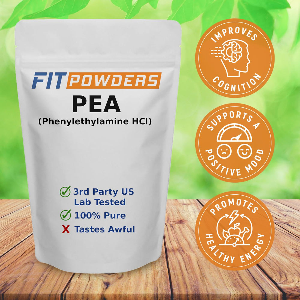 FitPowders Phenylethylamine powder with scoop highlights purity and absence of fillers.
