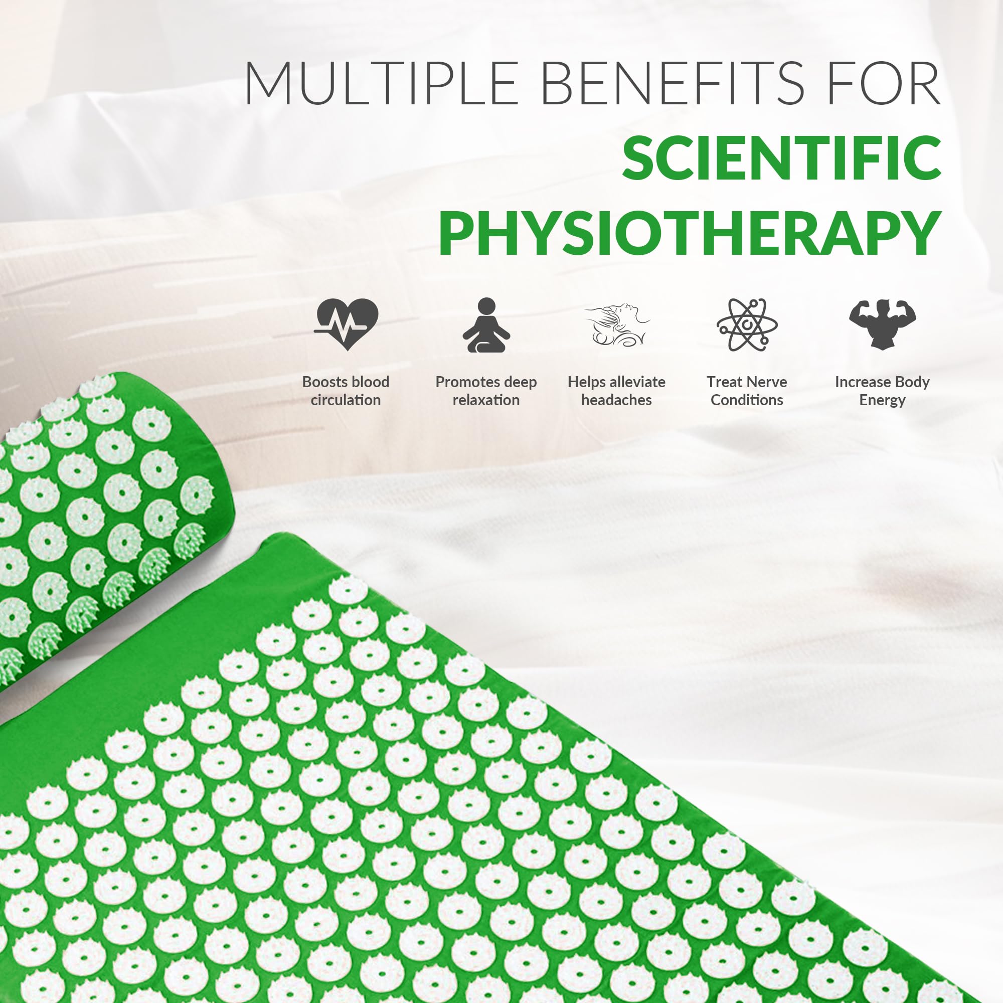 Fitvids acupressure mat in bed use to soothe back tension.