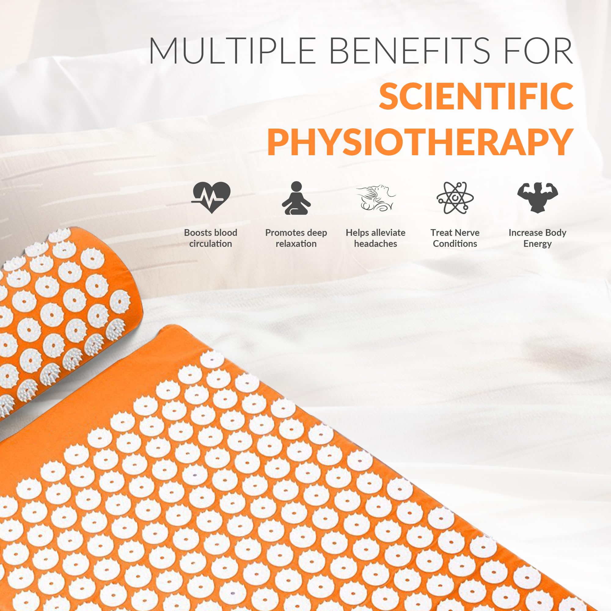 Fitvids acupressure mat orange side view for desk-use relaxation.
