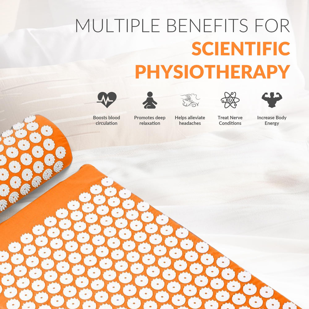 Fitvids acupressure mat orange side view for desk-use relaxation.