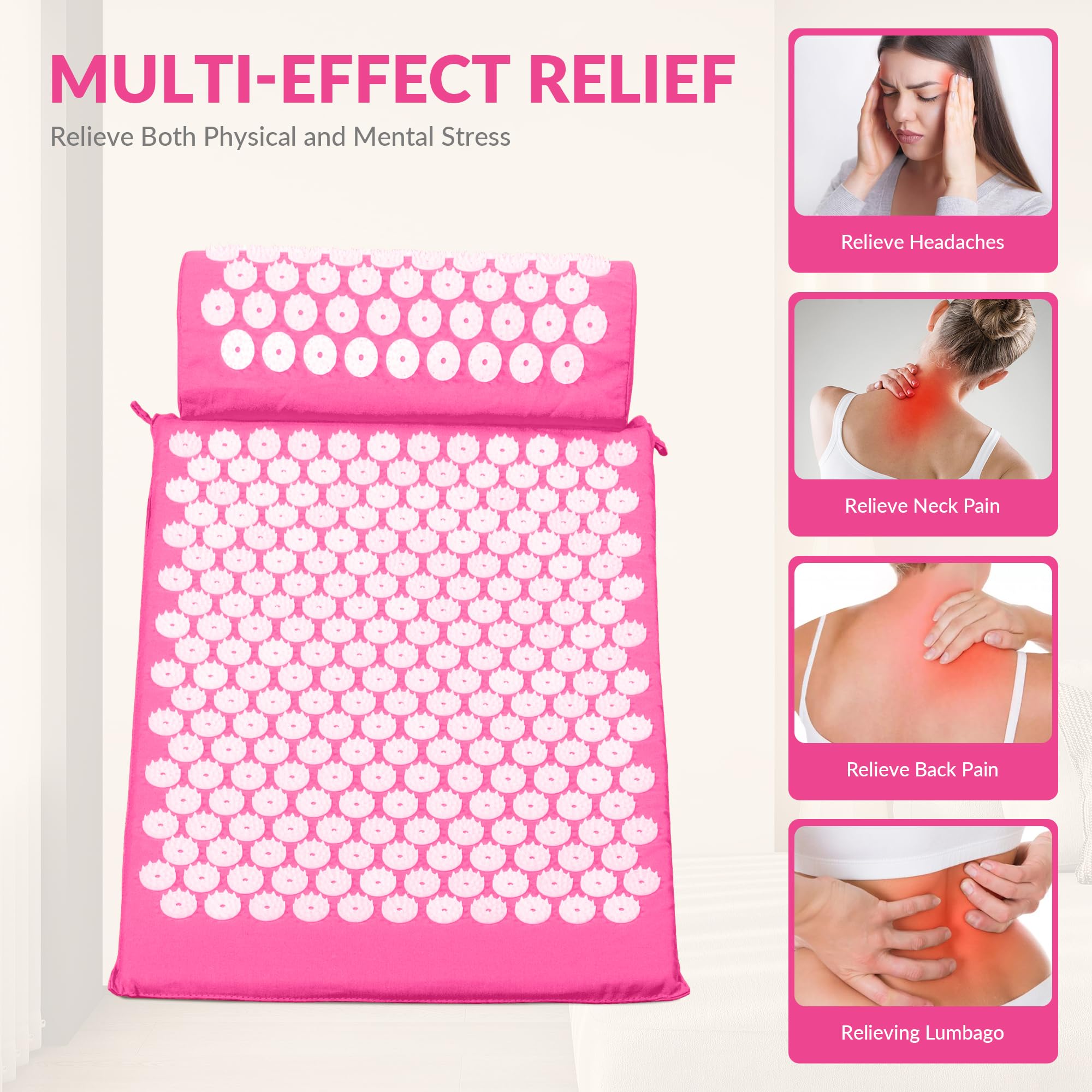 Fitvids pink acupressure mat and pillow rolled setup for easy storage