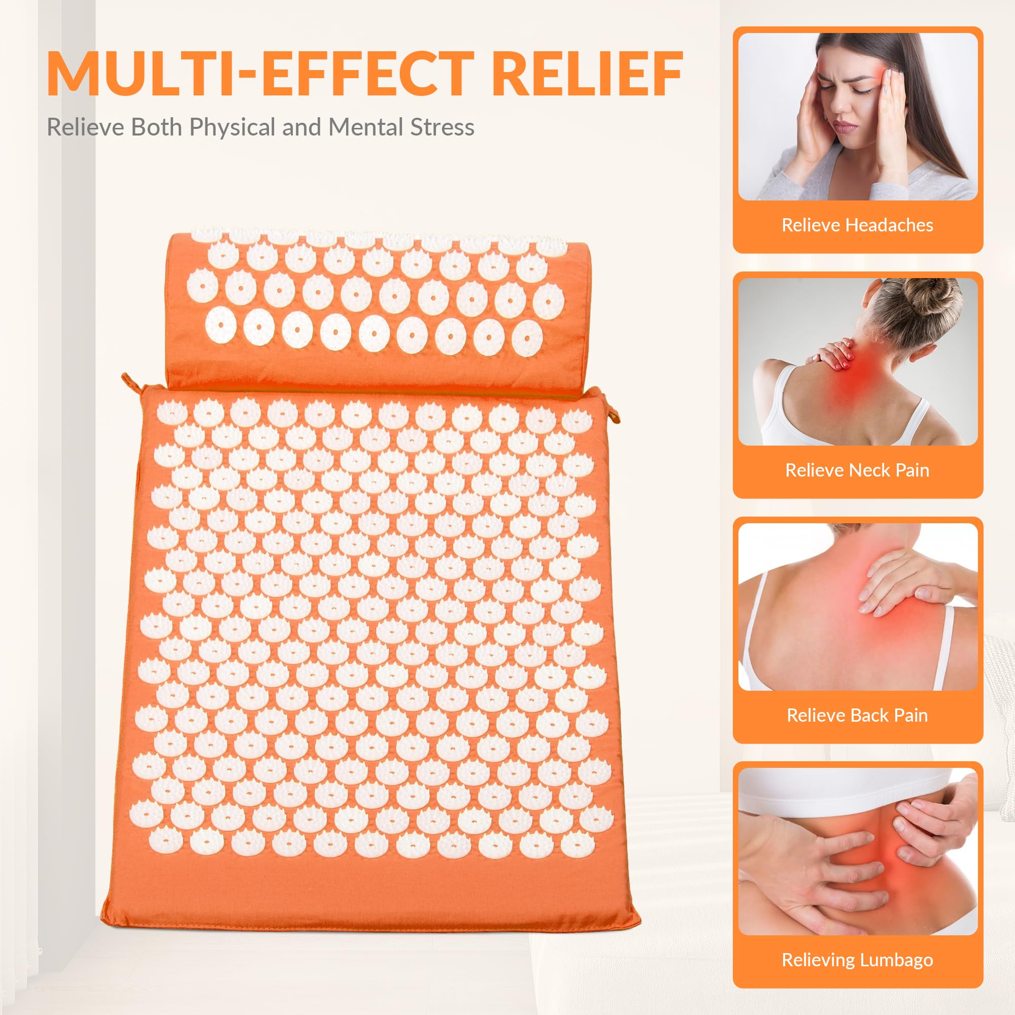 Fitvids acupressure pillow orange back view emphasizes ergonomic neck comfort.
