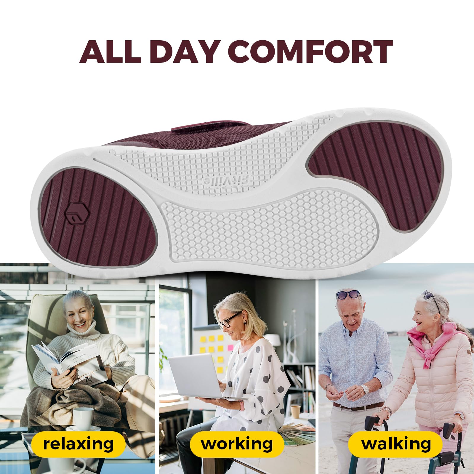 FitVille plum wide width cushioned insole provides all-day comfort for daily activities.