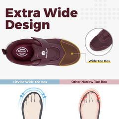 FitVille diabetic shoes plum wide width strap closeup emphasizes hook-and-loop adjustability.