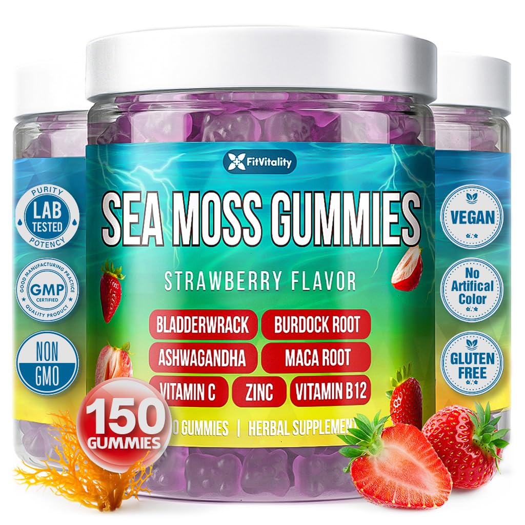 FitVitality 150 Sea Moss Gummies bottle with strawberry flavor supports daily energy and wellness.
