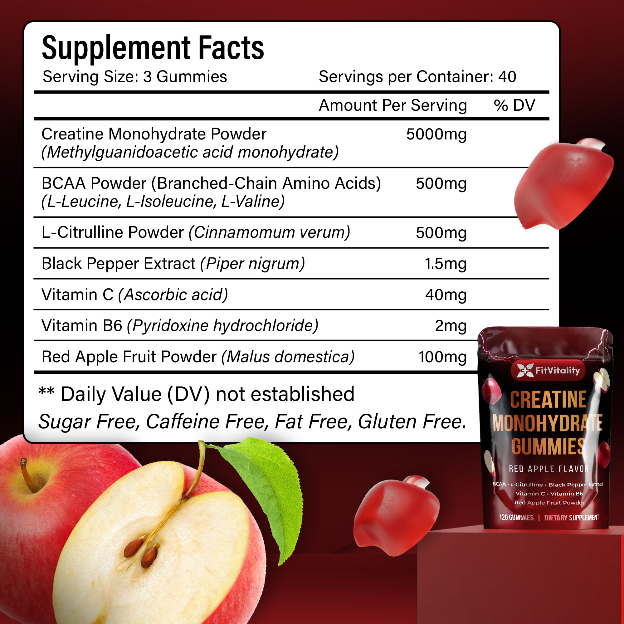 FitVitality Creatine Gummies bottle close-up highlights green apple flavor for tasty supplementation.