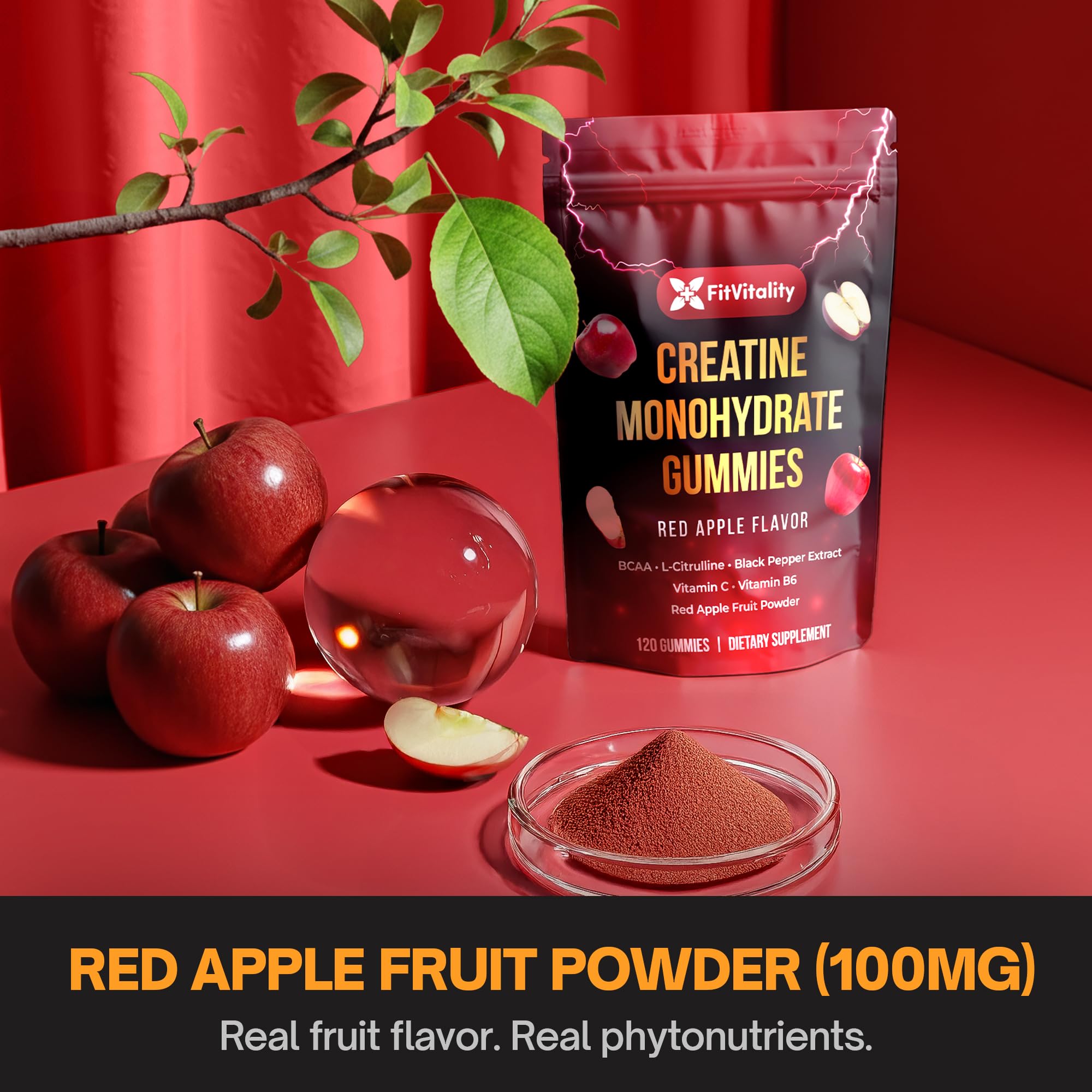FitVitality Creatine Gummies green apple label emphasizes Vitamin C and B6 benefits