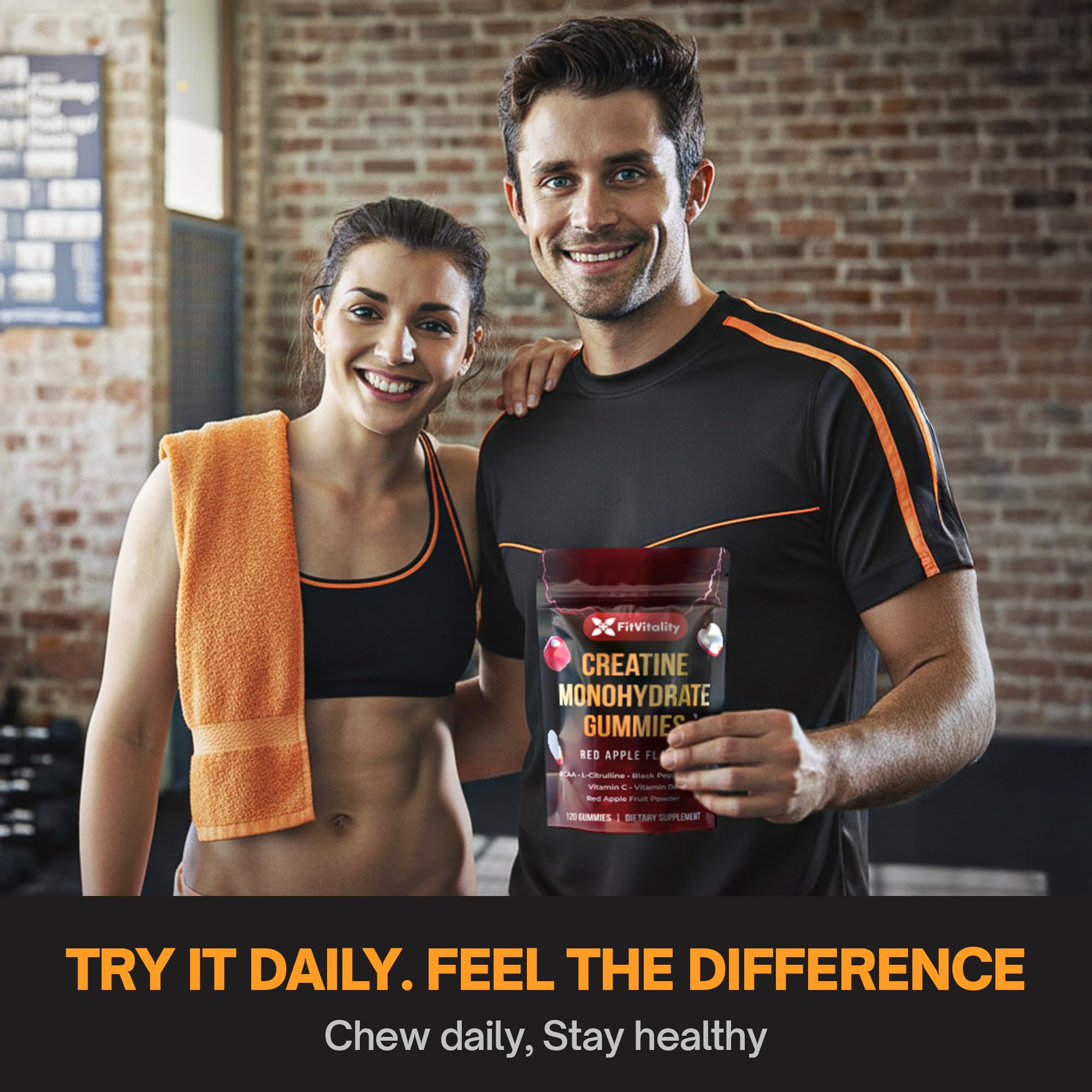 FitVitality gummies on a kitchen counter with fresh apples suggests flavorful daily supplementation.