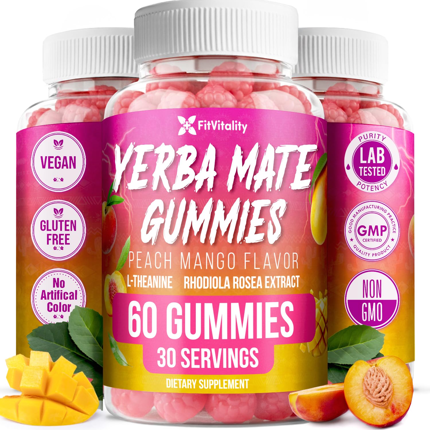 FitVitality Yerba Mate Gummies bottle peach mango flavor for daytime energy
