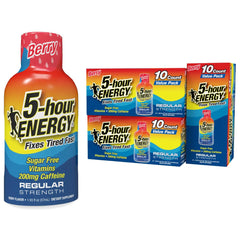 Five-hour ENERGY Berry Shot bottle front view highlighting zero sugar for clean energy.