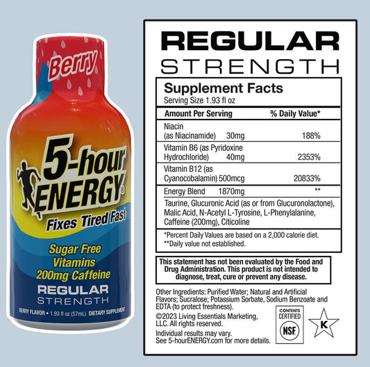 Five-hour ENERGY Berry Shot pour action showing rapid caffeine lift.