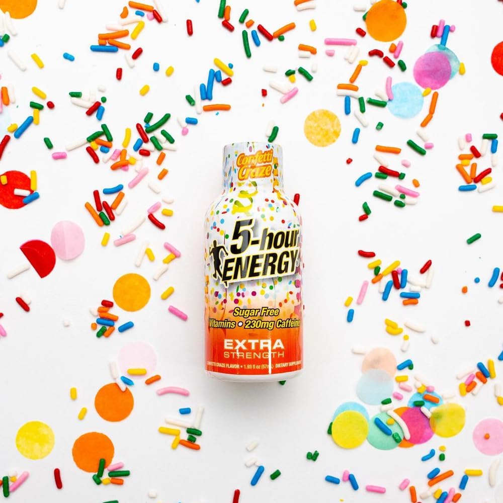 Five-hour ENERGY Birthday Cake flavor confetti shot showcases indulgent taste and energy.