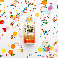 Five-hour ENERGY Birthday Cake flavor confetti shot showcases indulgent taste and energy.