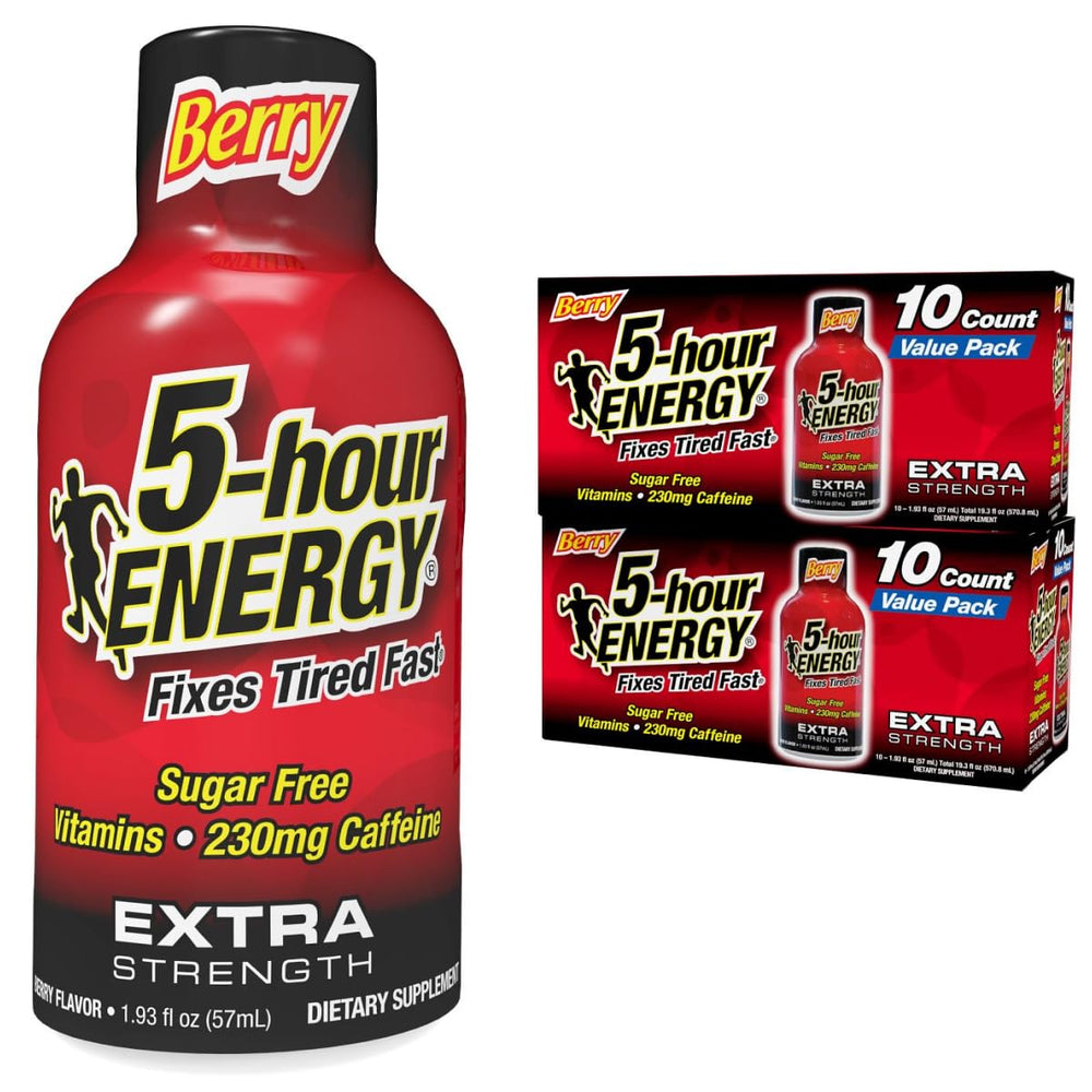 Five-hour ENERGY Berry Shot bottle delivers a sugar-free caffeine boost for quick morning focus.