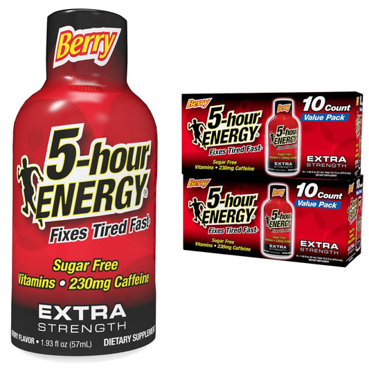 Five-hour ENERGY Berry Shot bottle delivers a sugar-free caffeine boost for quick morning focus.