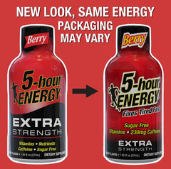 Five-hour ENERGY Berry Shot close-up label emphasizes zero sugar and zero calories.