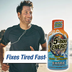 Close-up of the label on 5-hour ENERGY Extra Strength bottle showing ingredients