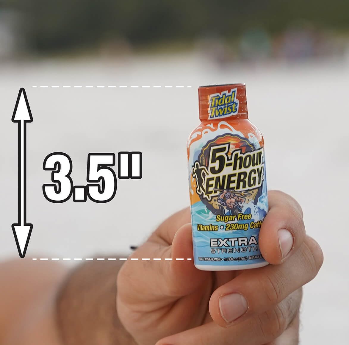 5-hour ENERGY on-the-go use with a compact bottle beside a gym bag