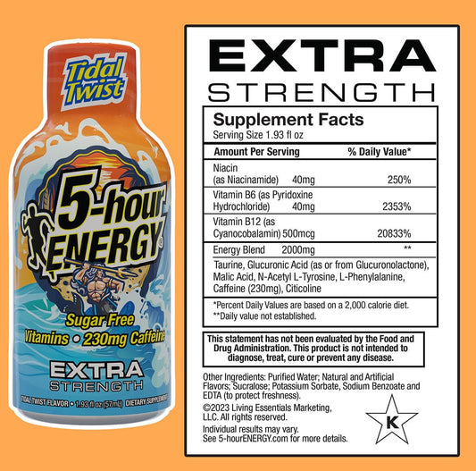 Pour shot of 5-hour ENERGY Extra Strength Tidal Twist for on-the-go alertness