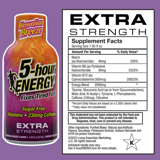 Five-hour ENERGY Hawaiian Breeze energy shot being poured for quick caffeine lift