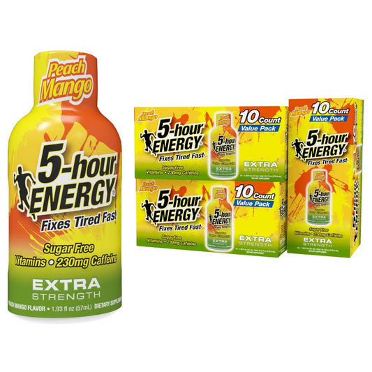 Five-hour Energy Extra Strength Peach Mango bottle ready for a quick morning boost.