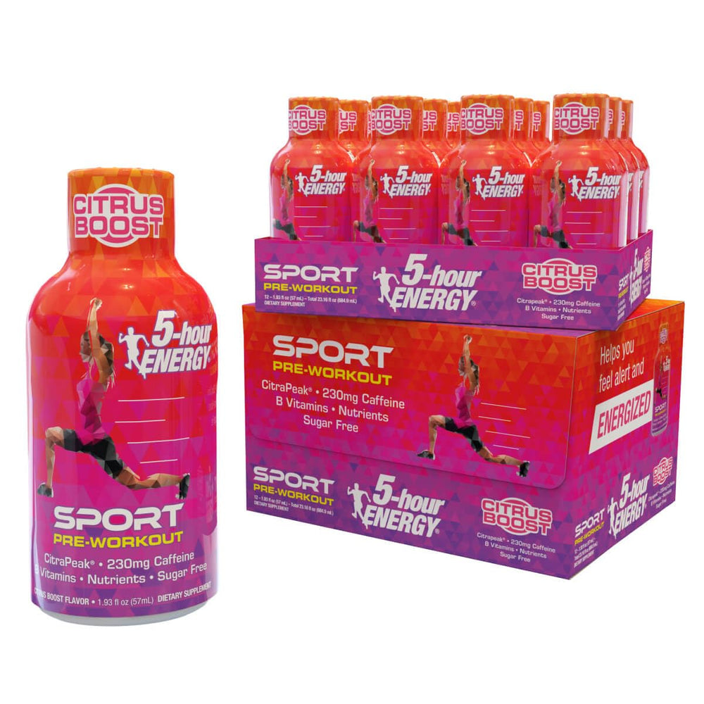 Five-Hour Energy extra strength sport shot Citrapeak bottle boosts focus and pre-workout energy.