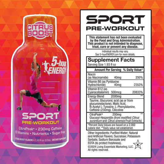 Five-Hour Energy Citrapeak pour bottle shows fast-acting energy for training.
