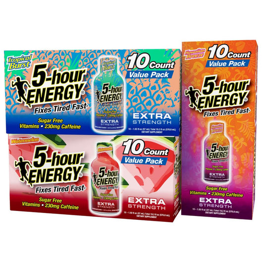 5-Hour ENERGY Tropical Burst bottle-front showing bold flavor and compact energy