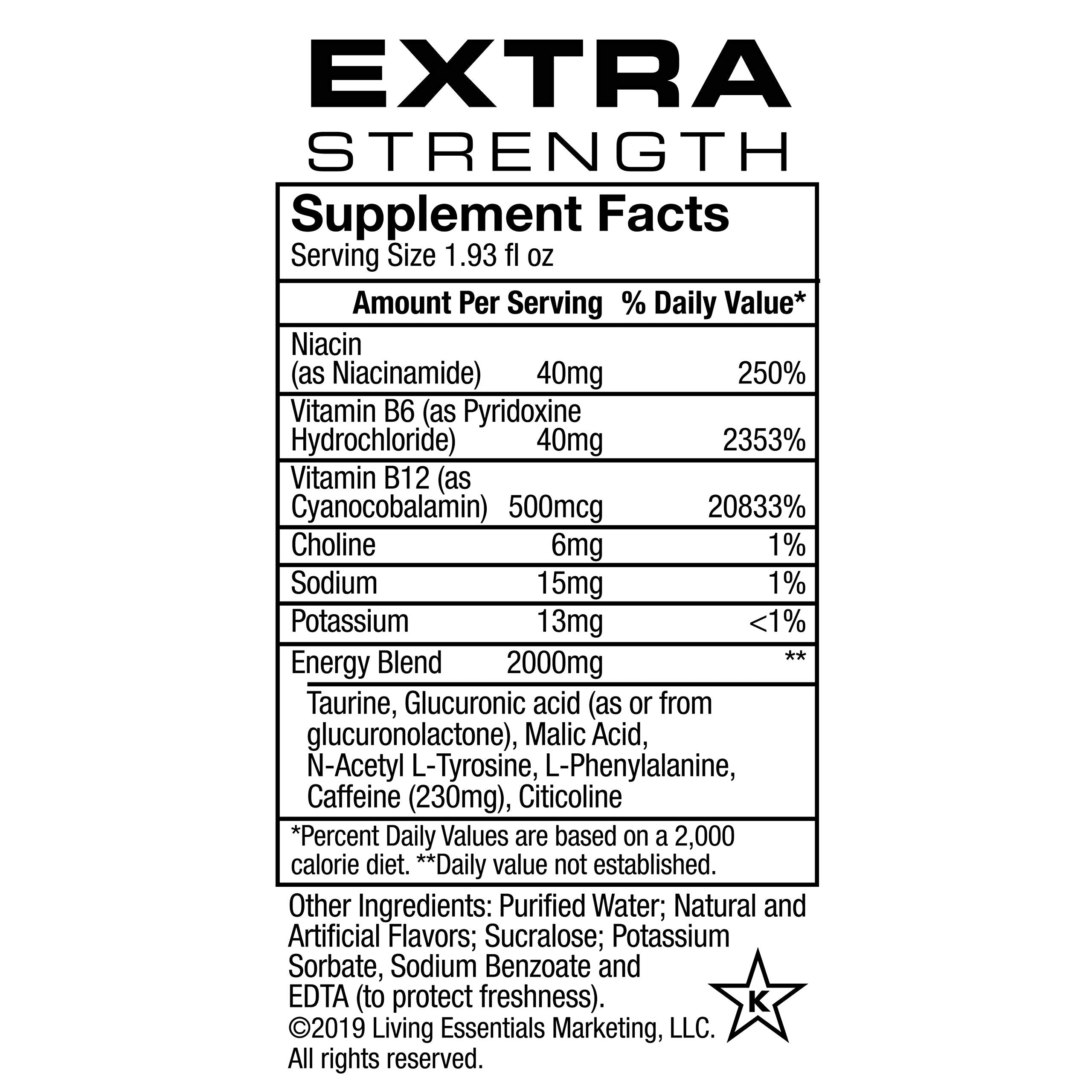 Five-hour Energy Tropical Burst bottle close-up highlighting zero sugar and compact size